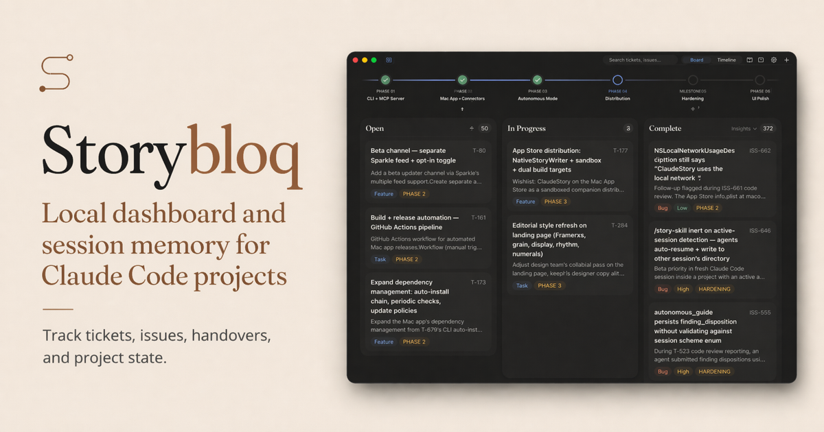`Storybloq` launches a free macOS dashboard for `Claude Code` projects